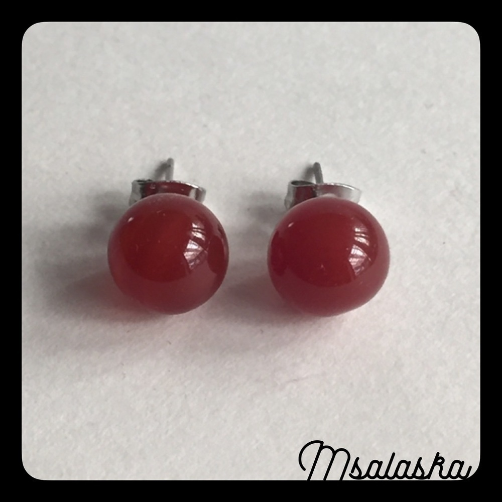 Red Agate Gemstone Ball Stud Pierced Casual Everyday Wear Earrings
